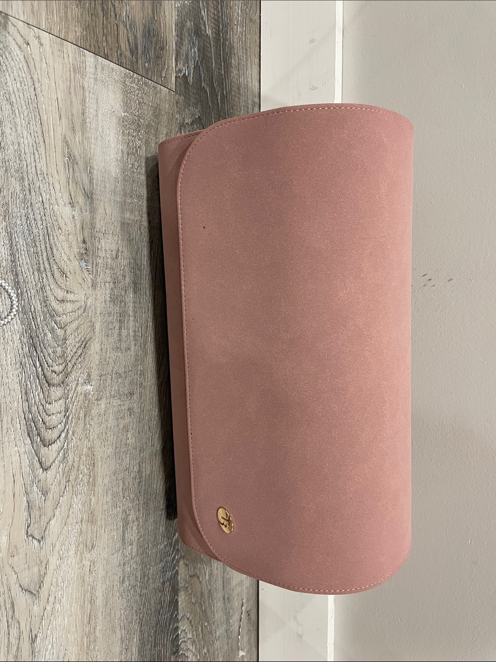 T3 Dusty Rose Suede Clutch with Gold Emblem